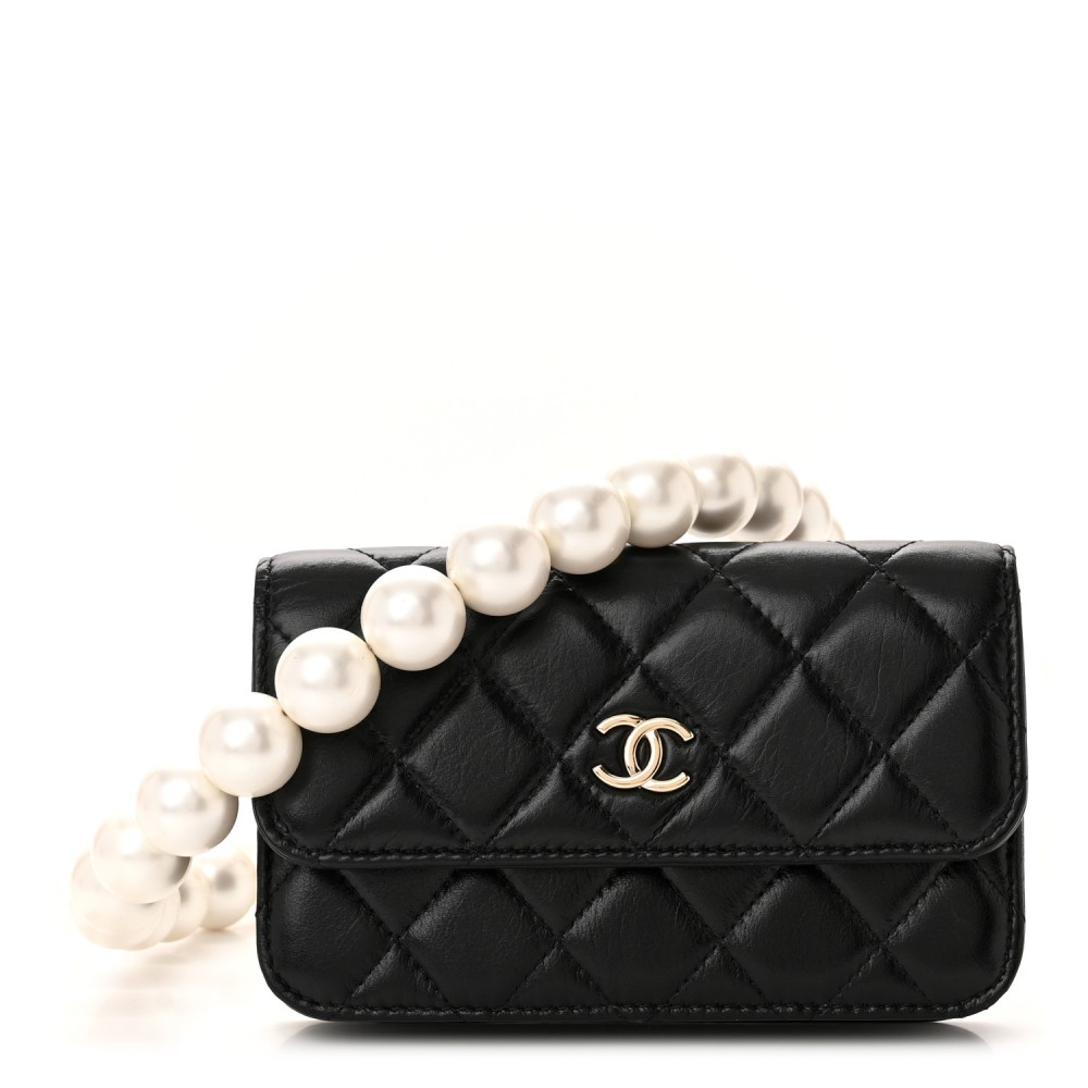 Calfskin Quilted Maxi Pearls Clutch With Chain Black