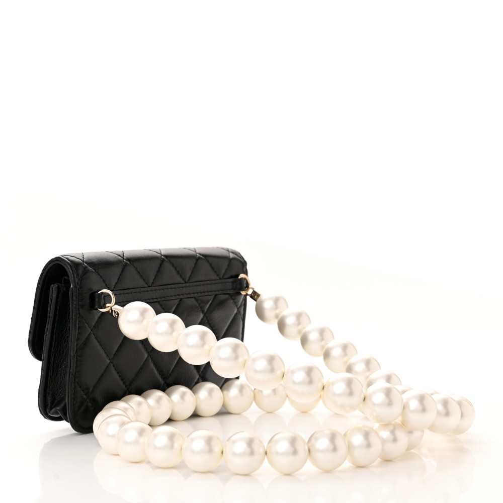 Calfskin Quilted Maxi Pearls Clutch With Chain Black