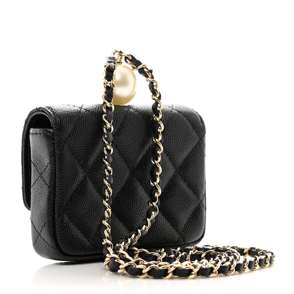 Caviar Quilted Mini Pearl On Top Coin Purse With Chain Black