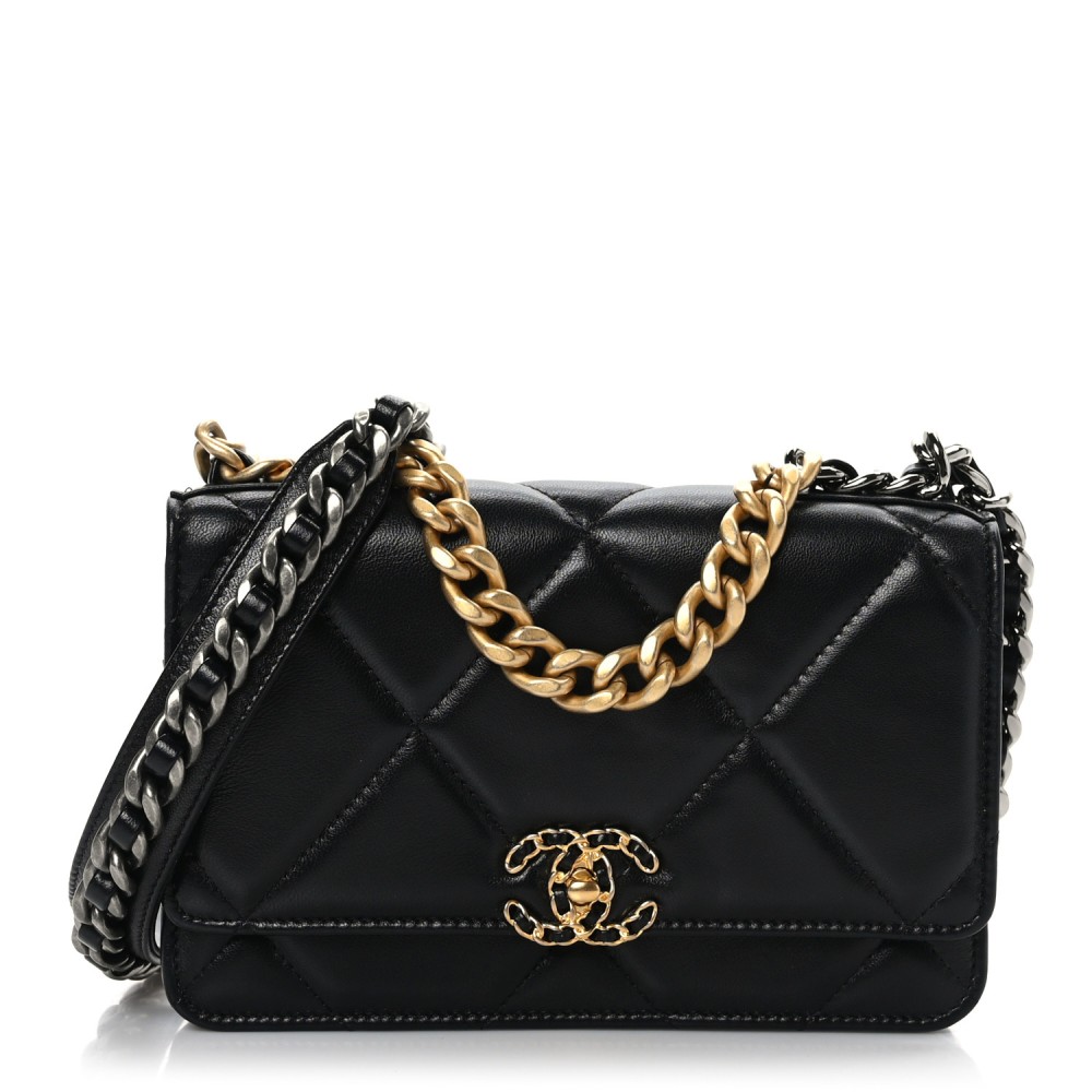 Lambskin Quilted Chanel 19 Wallet On Chain WOC Black