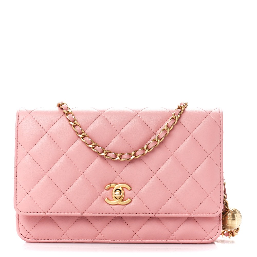 Lambskin Quilted CC Pearl Crush Wallet on Chain WOC Pink