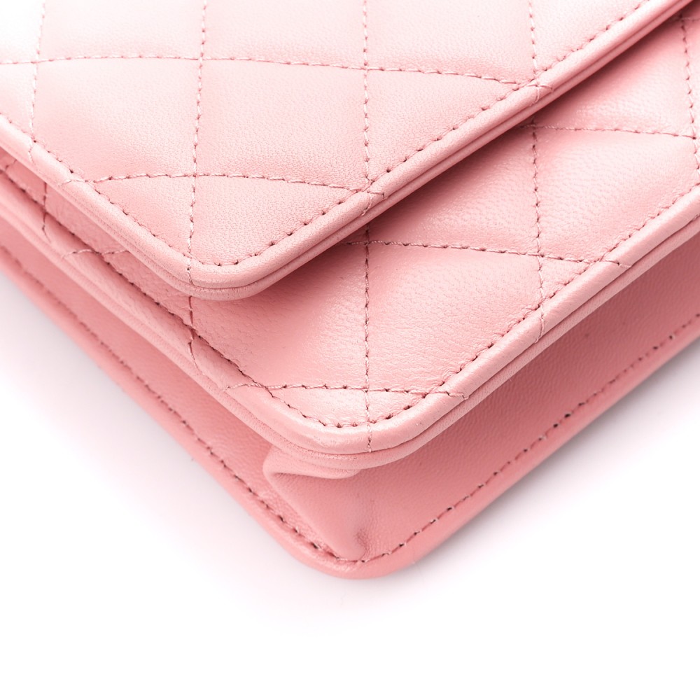 Lambskin Quilted CC Pearl Crush Wallet on Chain WOC Pink