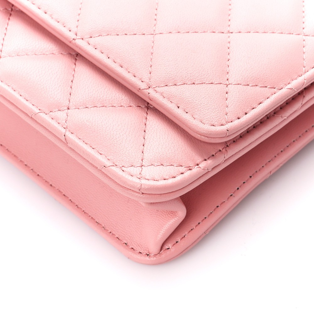 Lambskin Quilted CC Pearl Crush Wallet on Chain WOC Pink