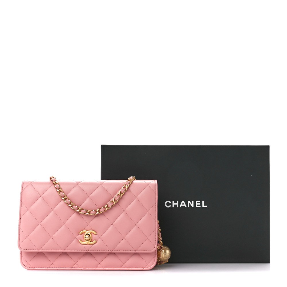 Lambskin Quilted CC Pearl Crush Wallet on Chain WOC Pink