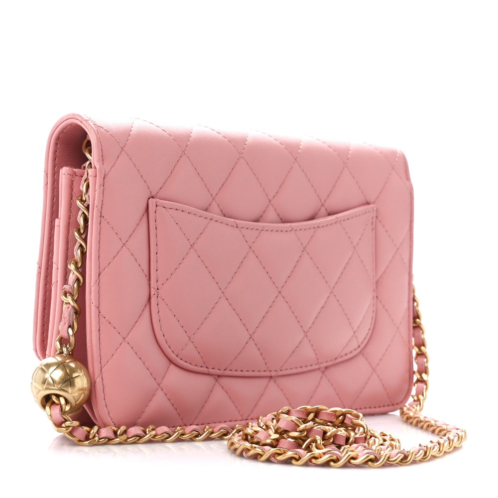 Lambskin Quilted CC Pearl Crush Wallet on Chain WOC Pink