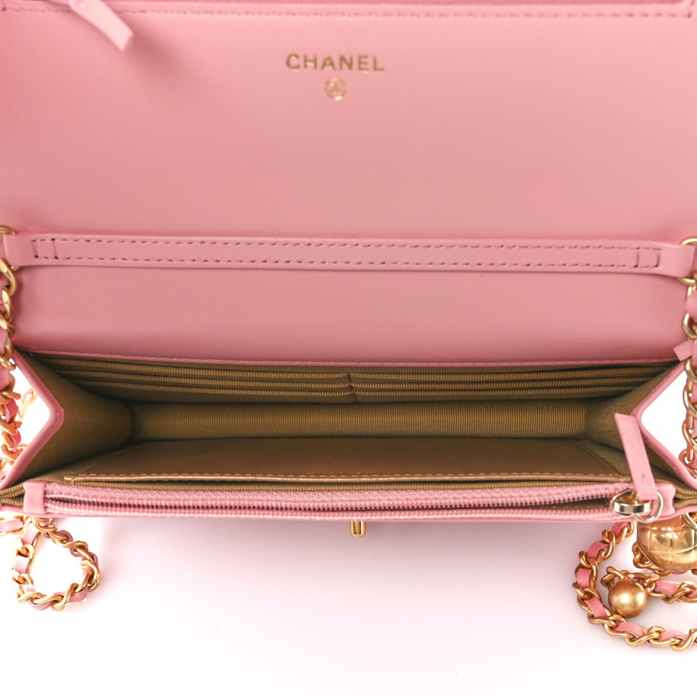 Lambskin Quilted CC Pearl Crush Wallet on Chain WOC Pink