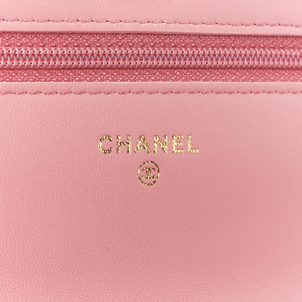 Lambskin Quilted CC Pearl Crush Wallet on Chain WOC Pink