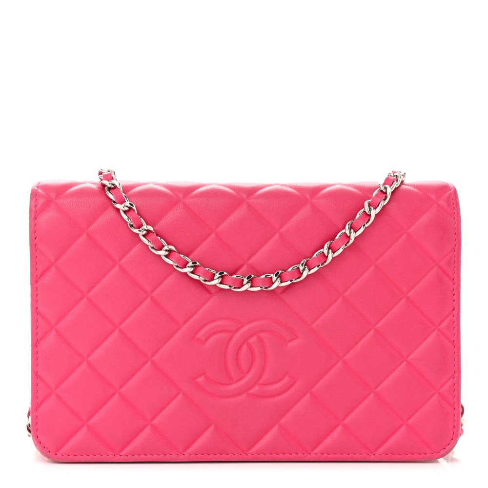 Lambskin Quilted Diamond CC Wallet On Chain WOC Pink