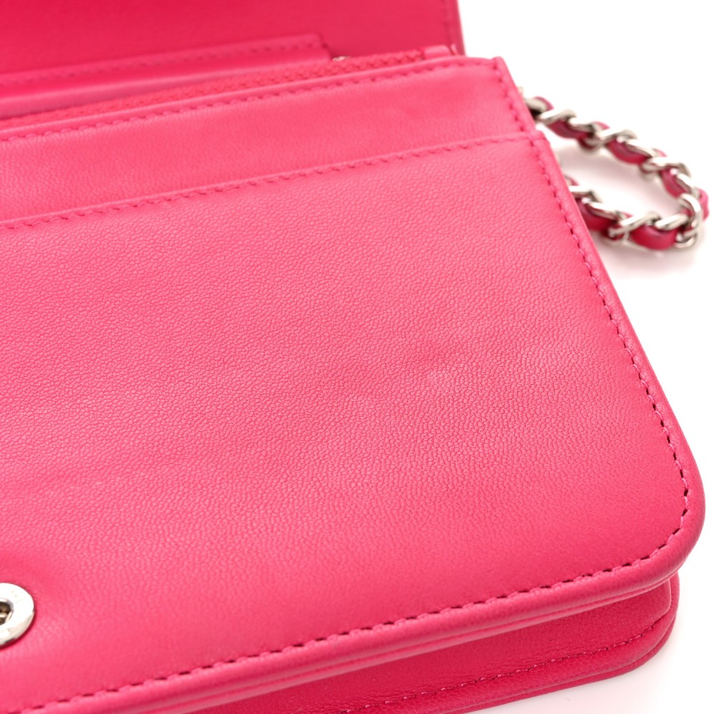 Lambskin Quilted Diamond CC Wallet On Chain WOC Pink