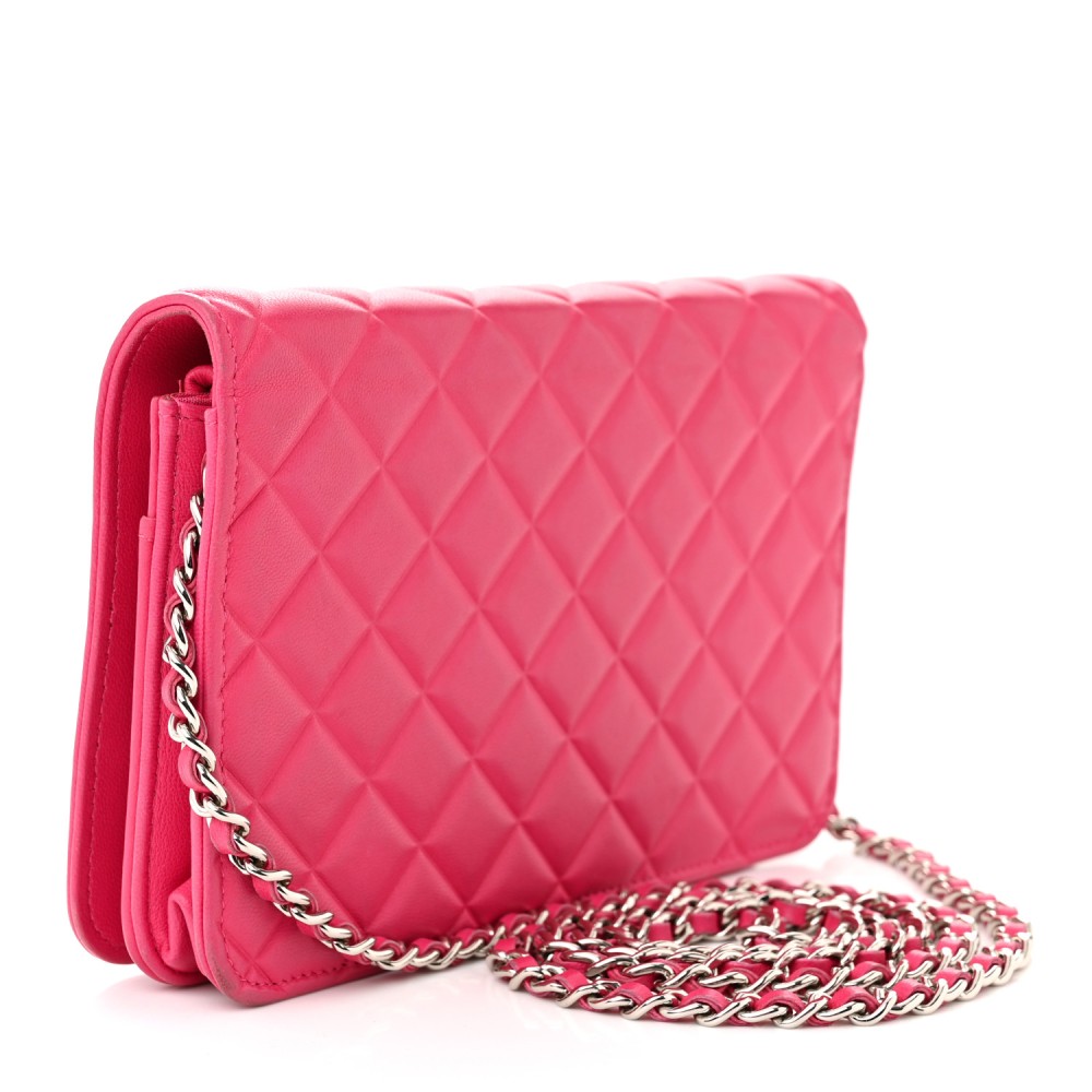 Lambskin Quilted Diamond CC Wallet On Chain WOC Pink