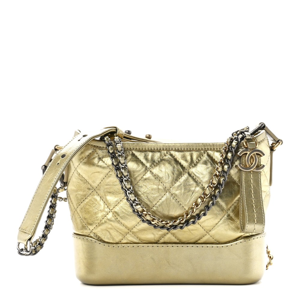 Metallic Aged Calfskin Quilted Small Gabrielle Hobo Gold