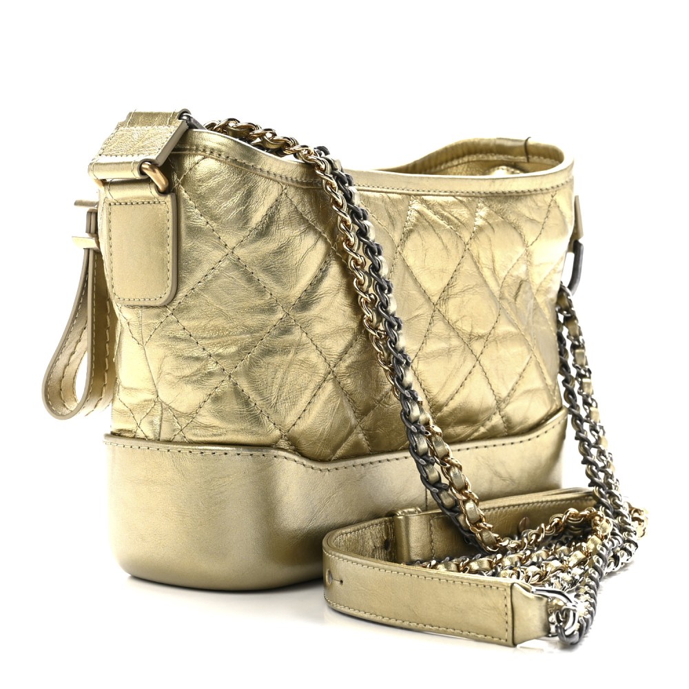 Metallic Aged Calfskin Quilted Small Gabrielle Hobo Gold