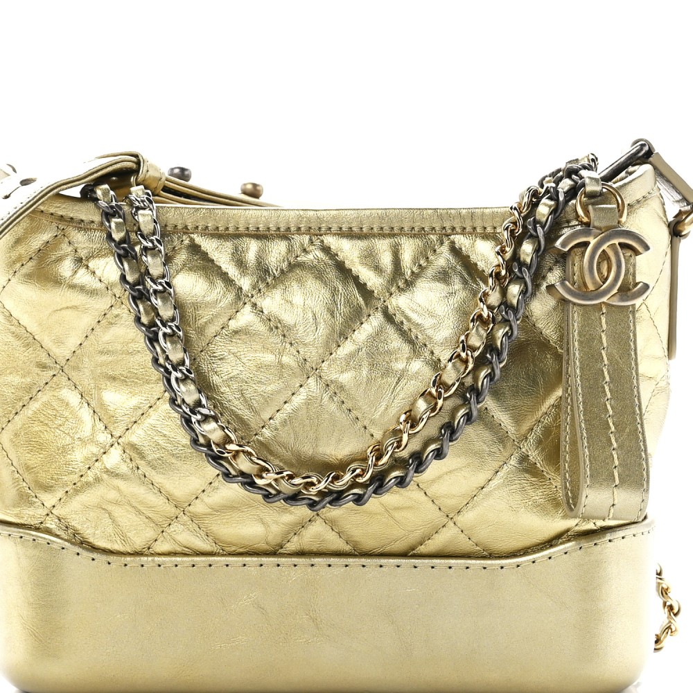 Metallic Aged Calfskin Quilted Small Gabrielle Hobo Gold