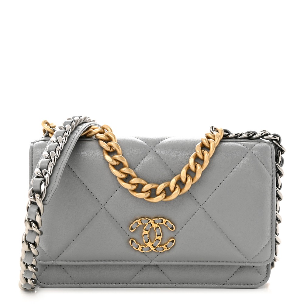 Lambskin Quilted Chanel 19 Wallet On Chain WOC Grey