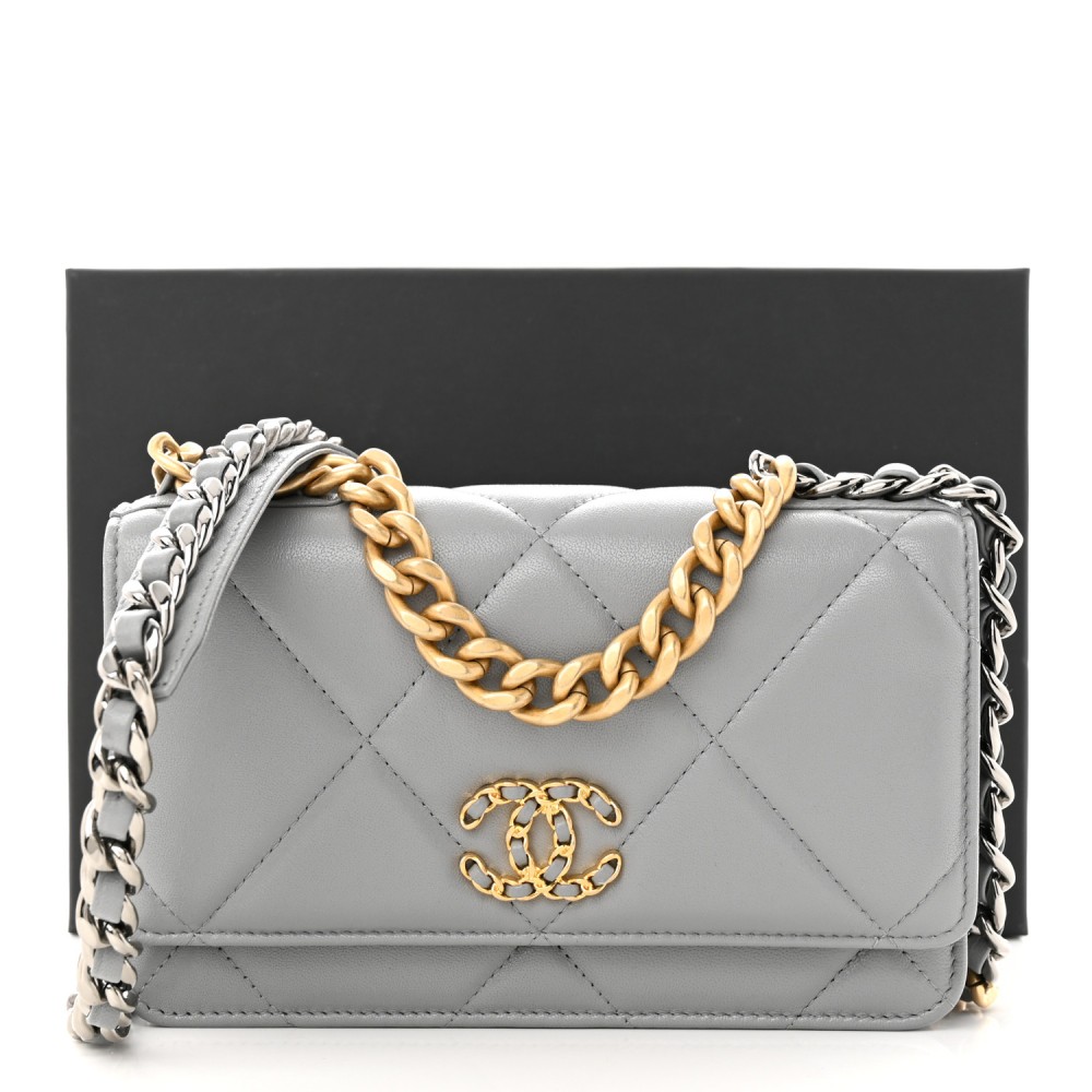 Lambskin Quilted Chanel 19 Wallet On Chain WOC Grey