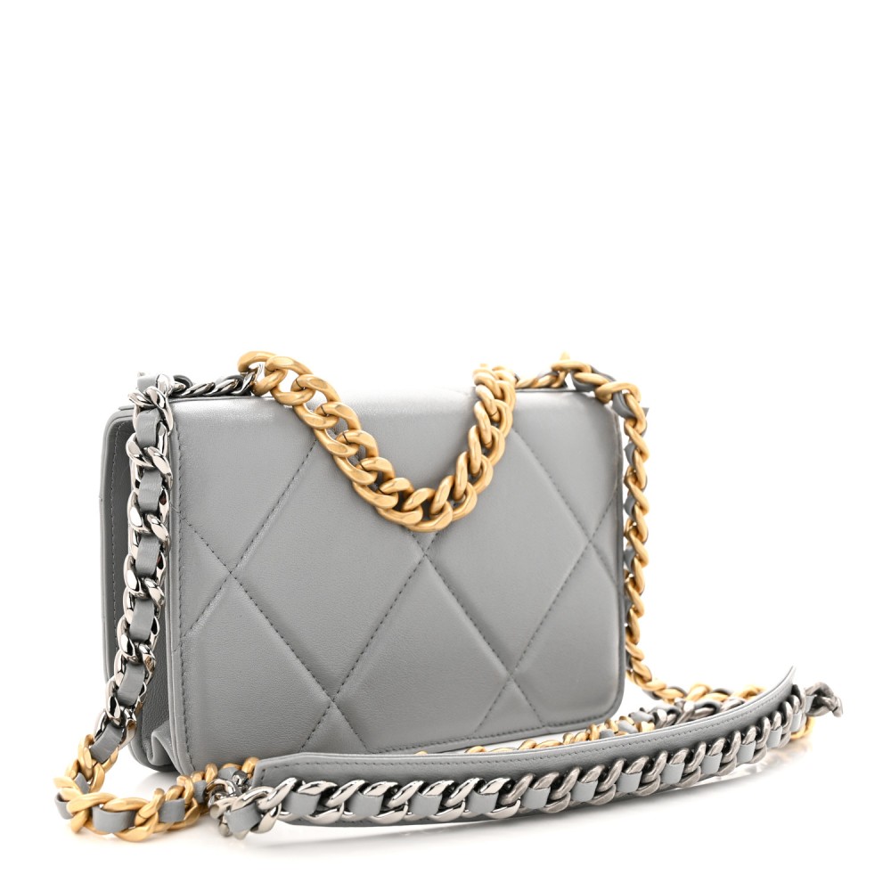 Lambskin Quilted Chanel 19 Wallet On Chain WOC Grey