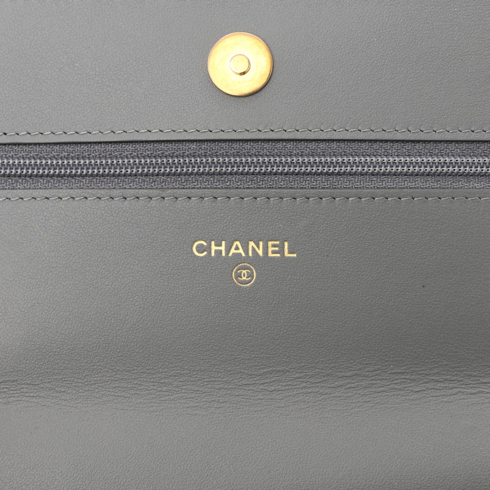 Lambskin Quilted Chanel 19 Wallet On Chain WOC Grey