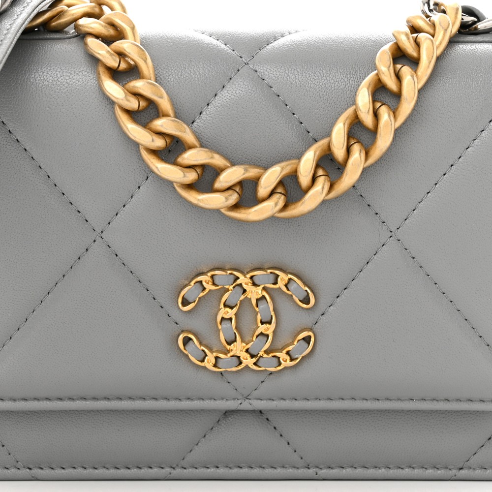 Lambskin Quilted Chanel 19 Wallet On Chain WOC Grey