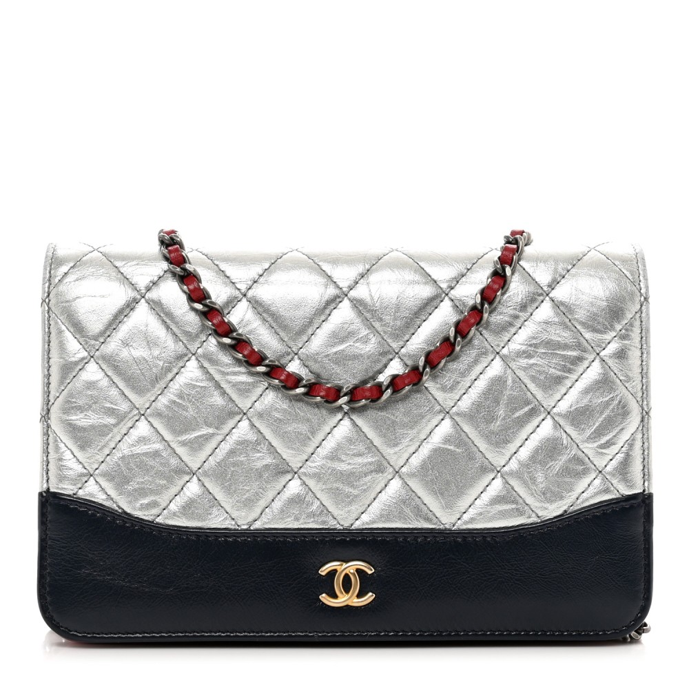 Metallic Aged Calfskin Quilted Gabrielle Wallet On Chain WOC Silver Black