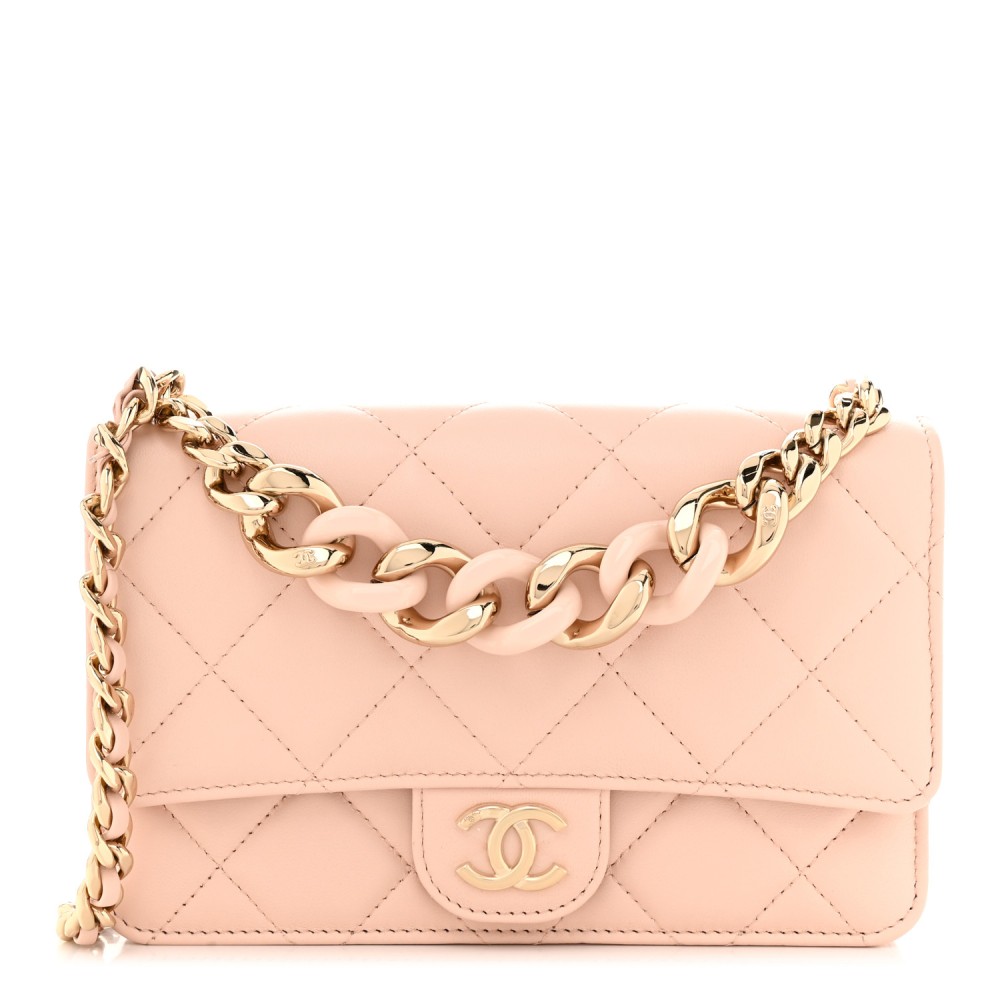 Lambskin Resin Bi-Color Quilted Wallet On Chain WOC Light Beige