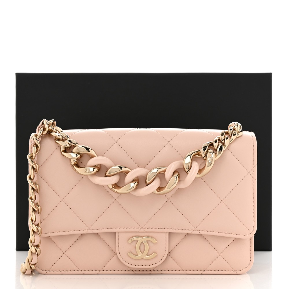 Lambskin Resin Bi-Color Quilted Wallet On Chain WOC Light Beige