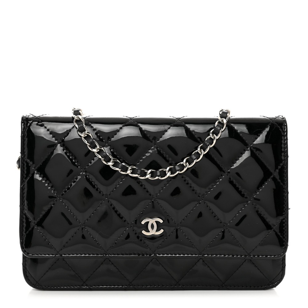 Patent Quilted Wallet On Chain WOC Black