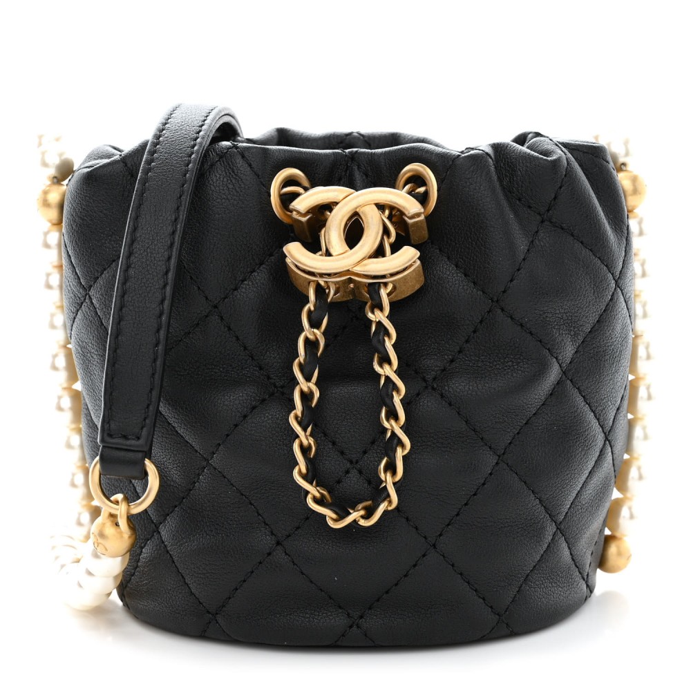 Calfskin Quilted Pearl Mini About Pearls Drawstring Bucket Bag Black