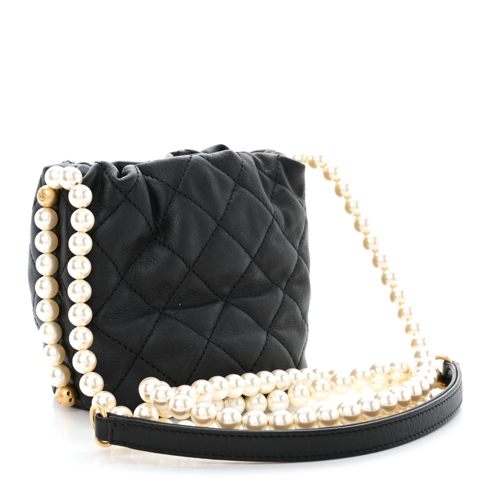 Calfskin Quilted Pearl Mini About Pearls Drawstring Bucket Bag Black