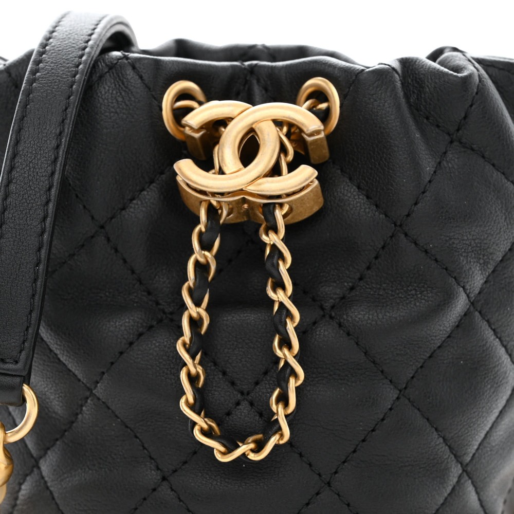 Calfskin Quilted Pearl Mini About Pearls Drawstring Bucket Bag Black