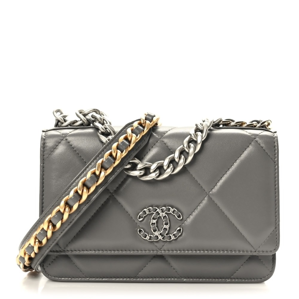 Lambskin Quilted Chanel 19 Wallet On Chain WOC Dark Grey