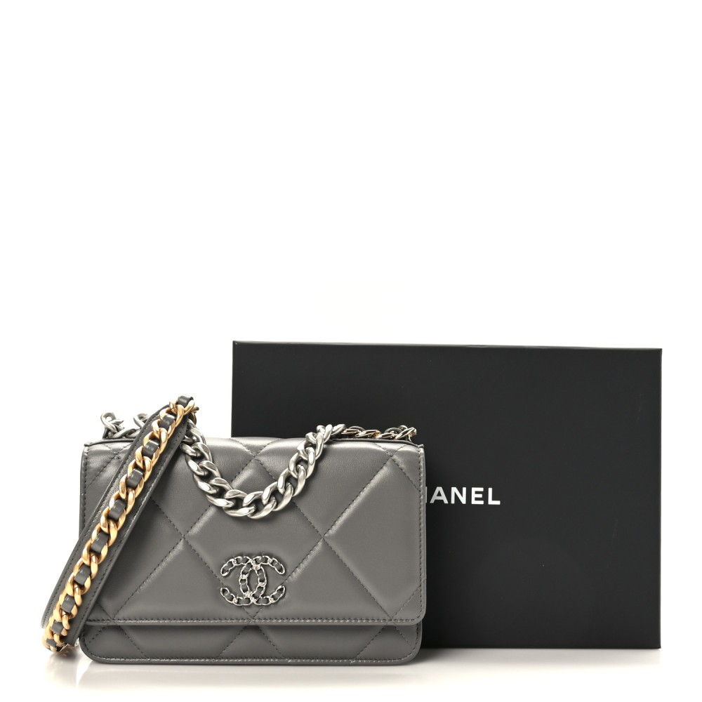 Lambskin Quilted Chanel 19 Wallet On Chain WOC Dark Grey