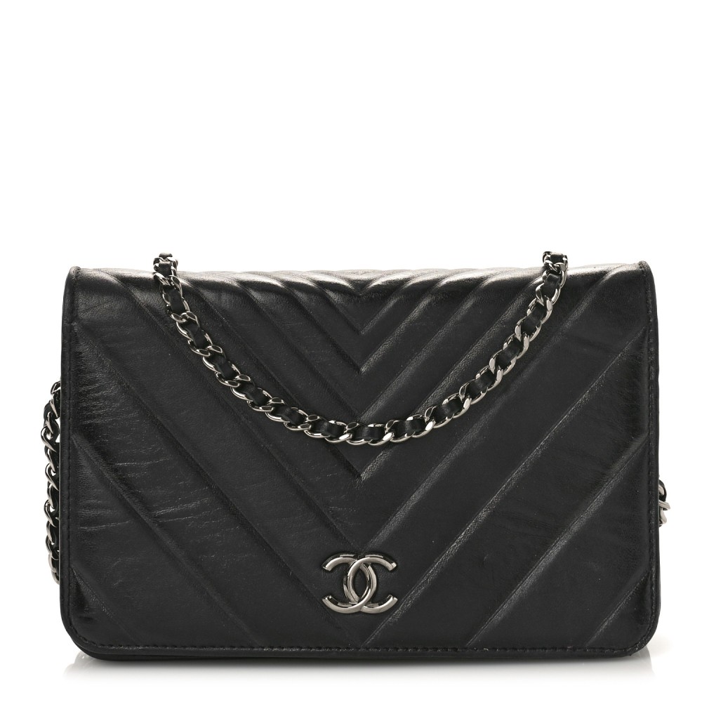 Lambskin Chevron Quilted Wallet On Chain WOC Black