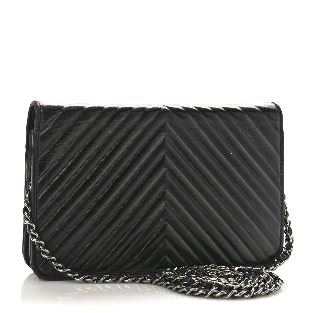 Lambskin Chevron Quilted Wallet On Chain WOC Black