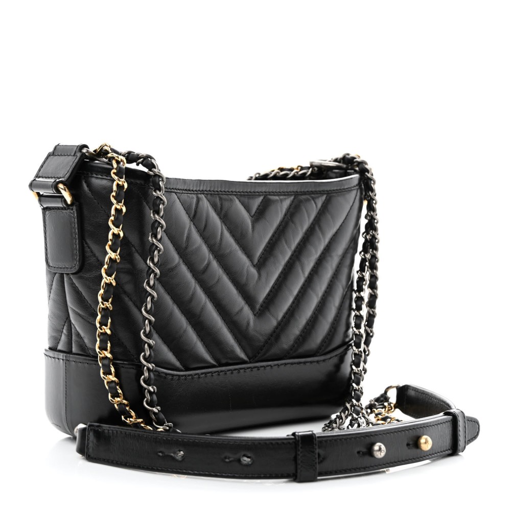 Aged Calfskin Chevron Quilted Small Gabrielle Hobo Black