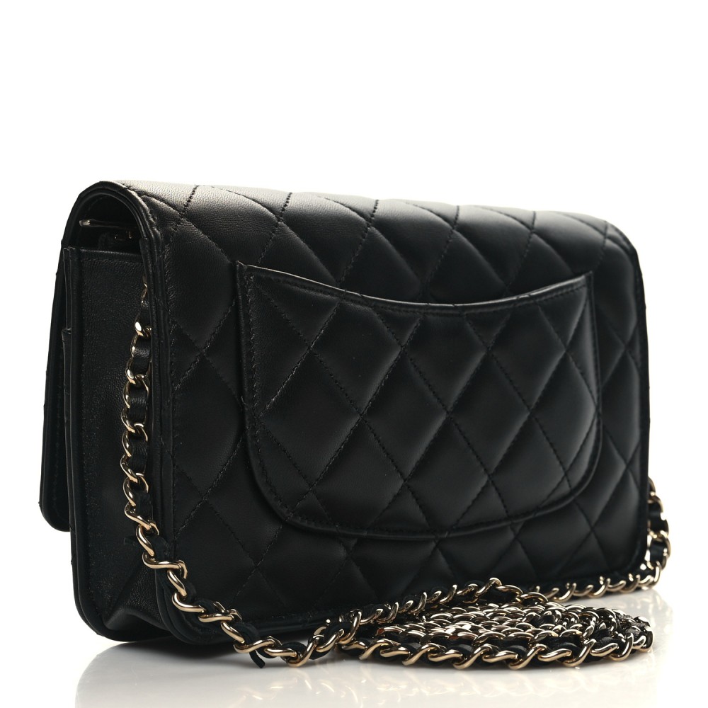 Lambskin Quilted Enamel Wallet On Chain WOC Black