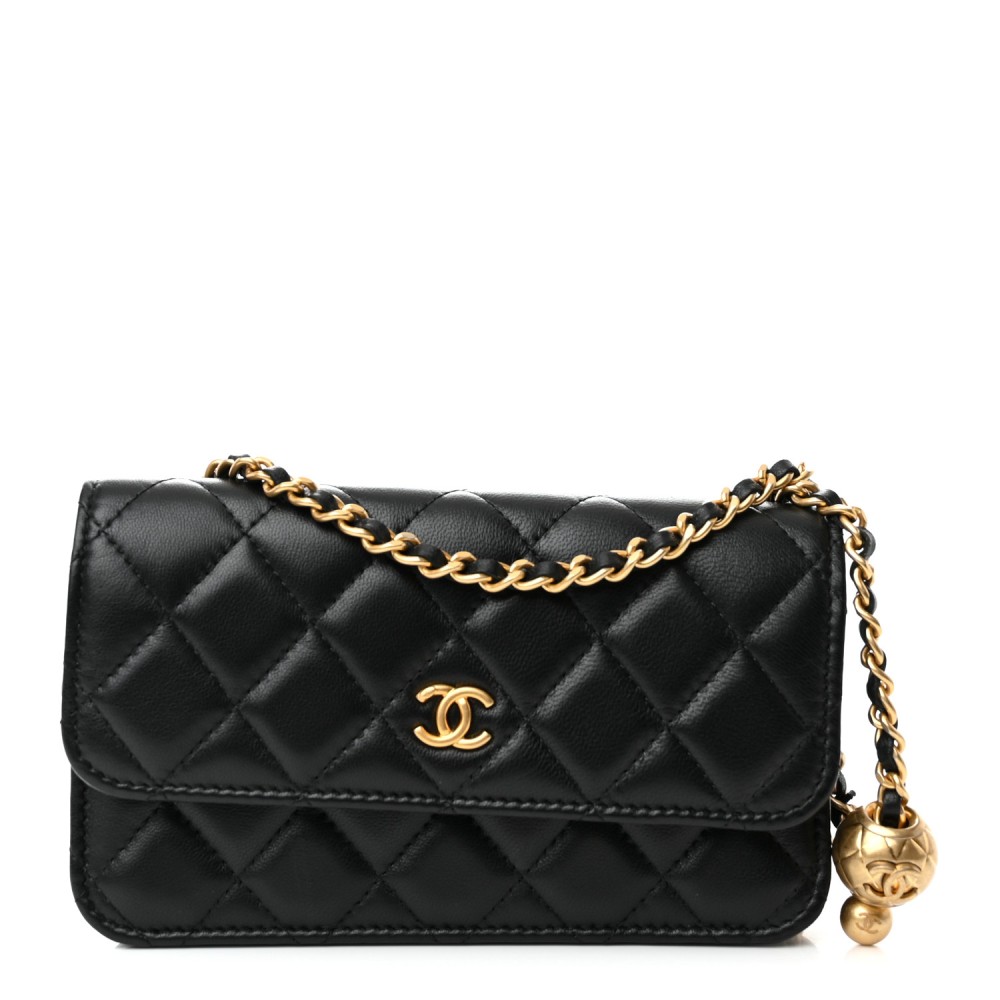 Lambskin Pearl Crush Quilted Flap Phone Holder With Chain Black