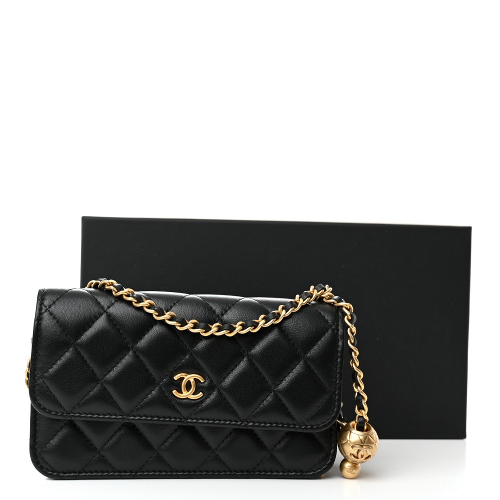 Lambskin Pearl Crush Quilted Flap Phone Holder With Chain Black