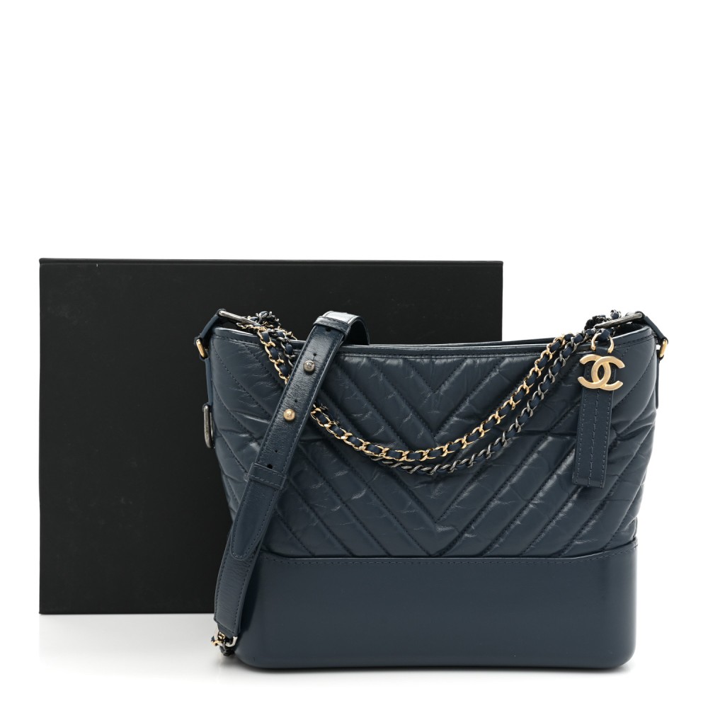 Aged Calfskin Chevron Quilted Medium Gabrielle Hobo Navy