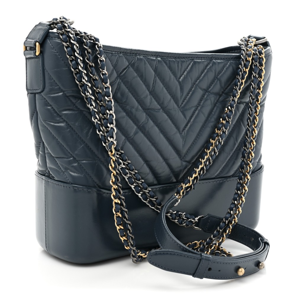 Aged Calfskin Chevron Quilted Medium Gabrielle Hobo Navy