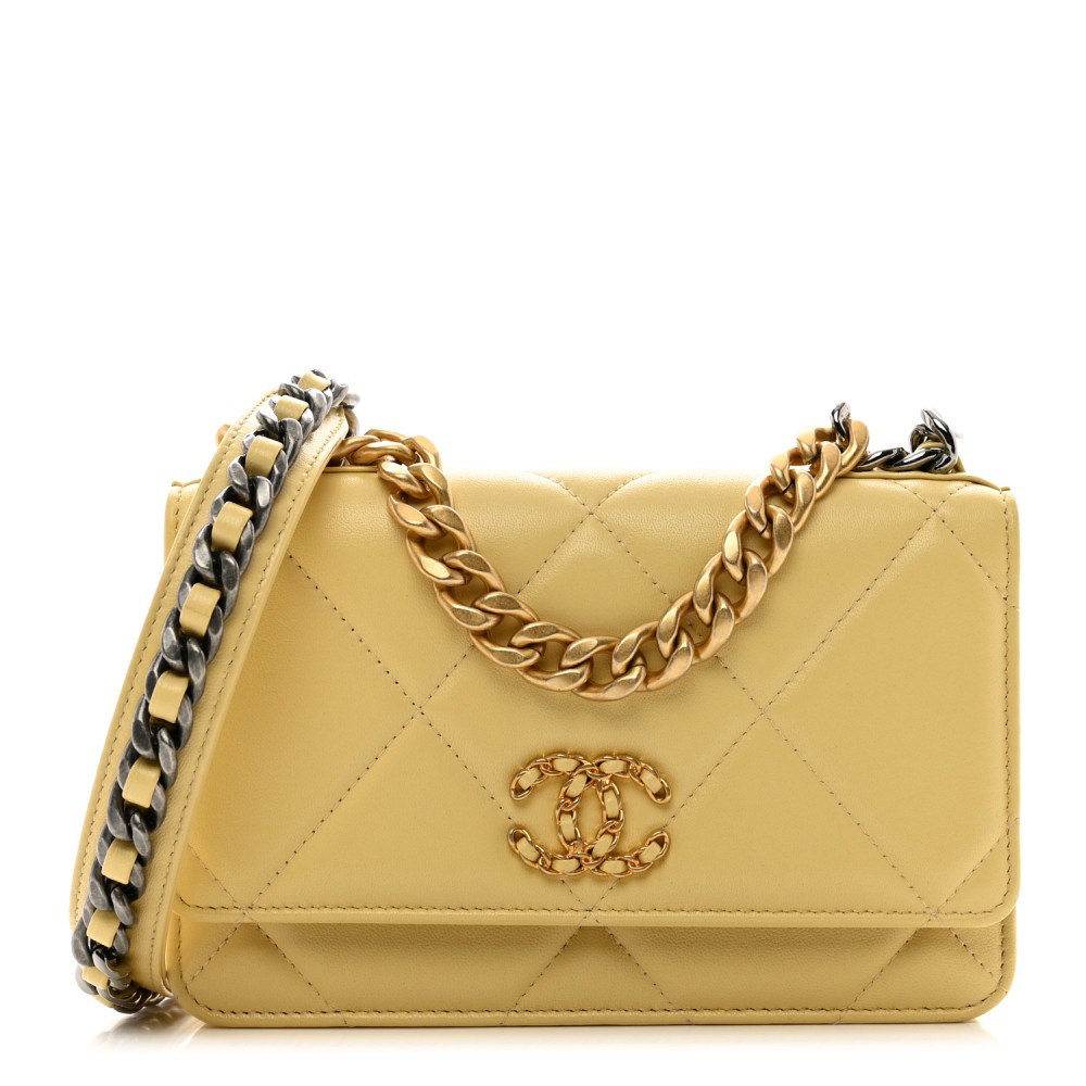 Lambskin Quilted Chanel 19 Wallet On Chain WOC Yellow