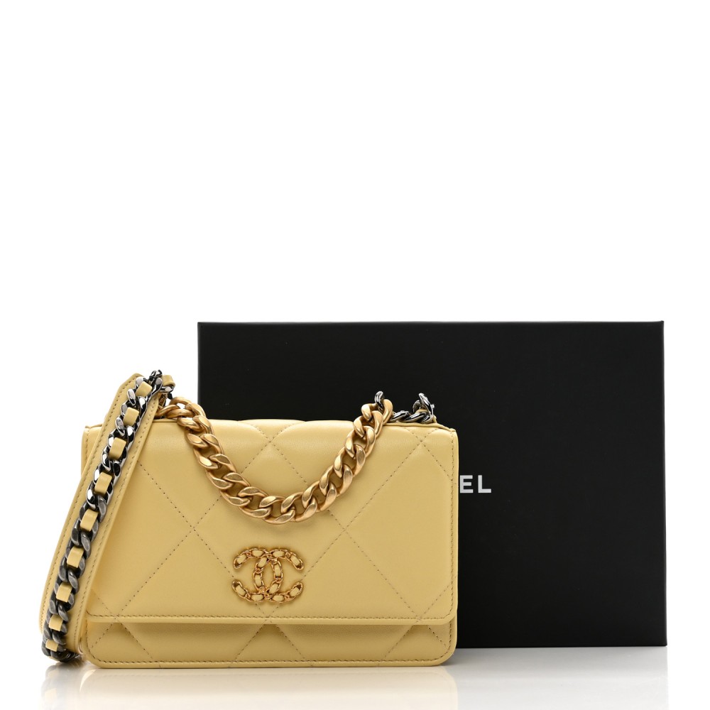 Lambskin Quilted Chanel 19 Wallet On Chain WOC Yellow