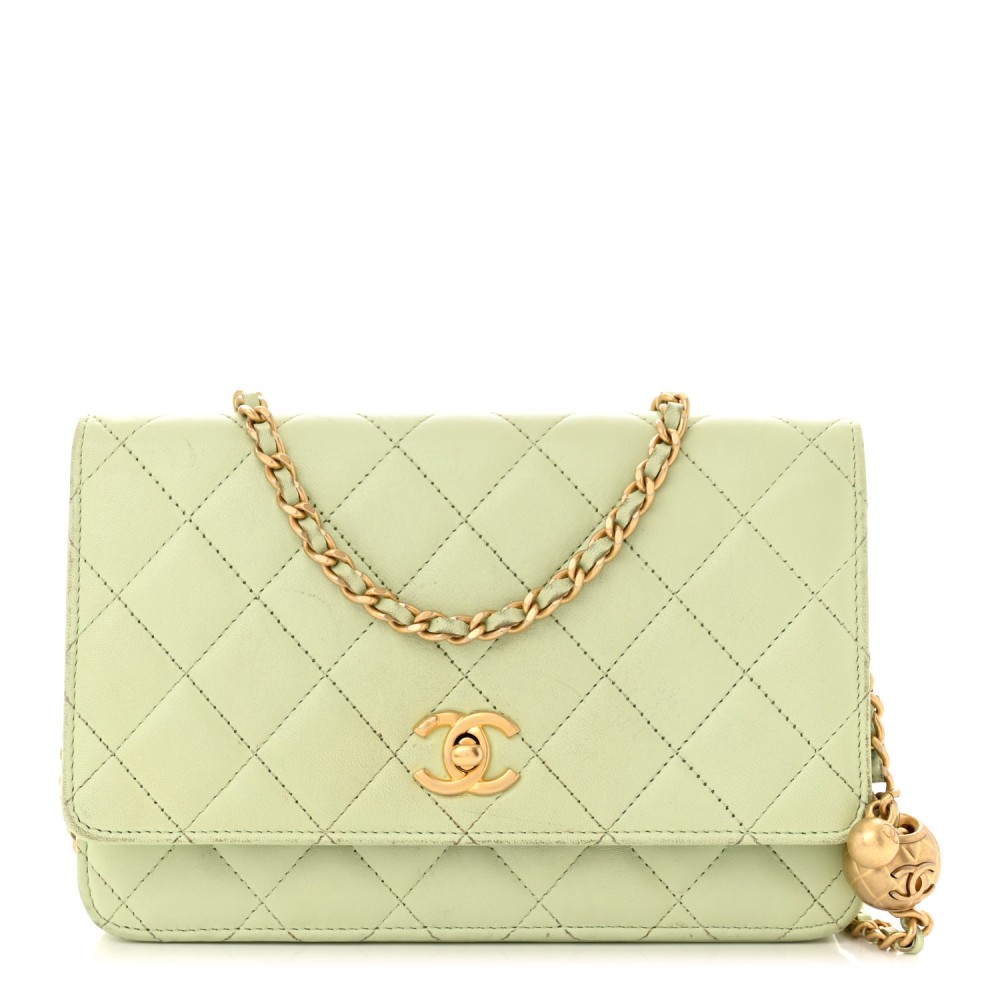 Lambskin Quilted CC Pearl Crush Wallet on Chain WOC Light Green