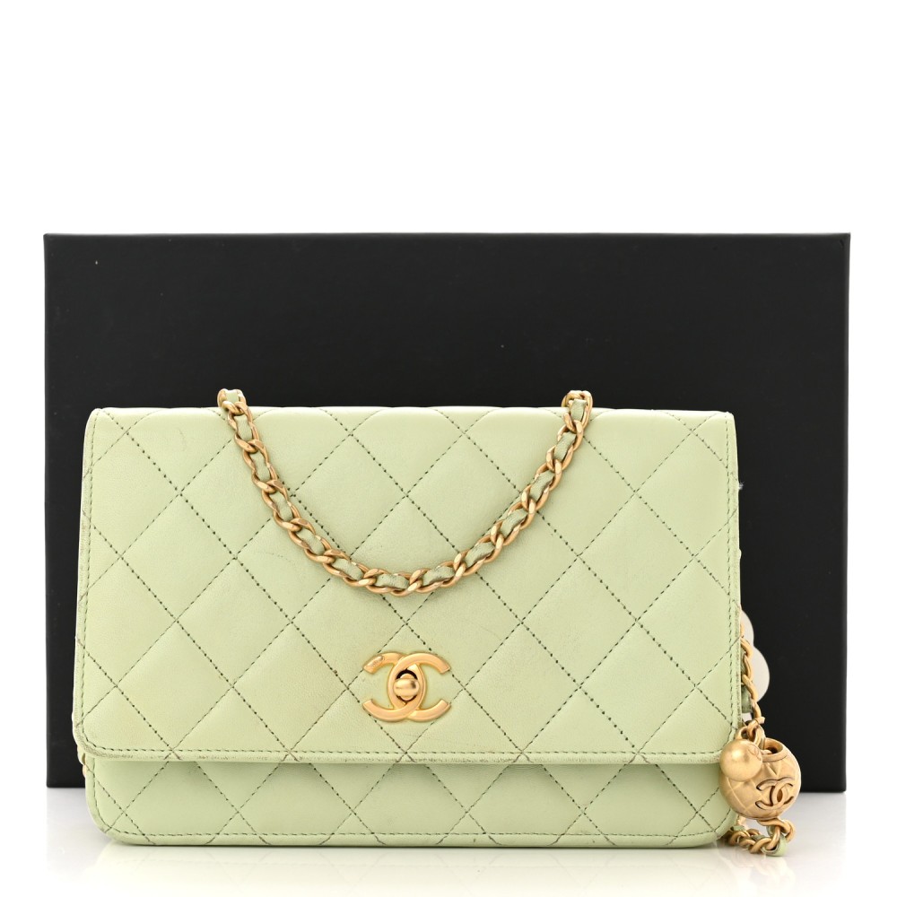 Lambskin Quilted CC Pearl Crush Wallet on Chain WOC Light Green