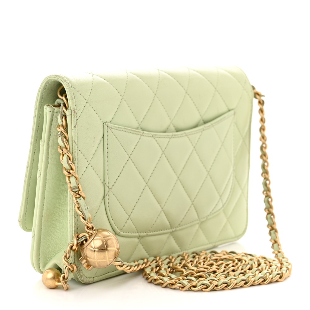 Lambskin Quilted CC Pearl Crush Wallet on Chain WOC Light Green