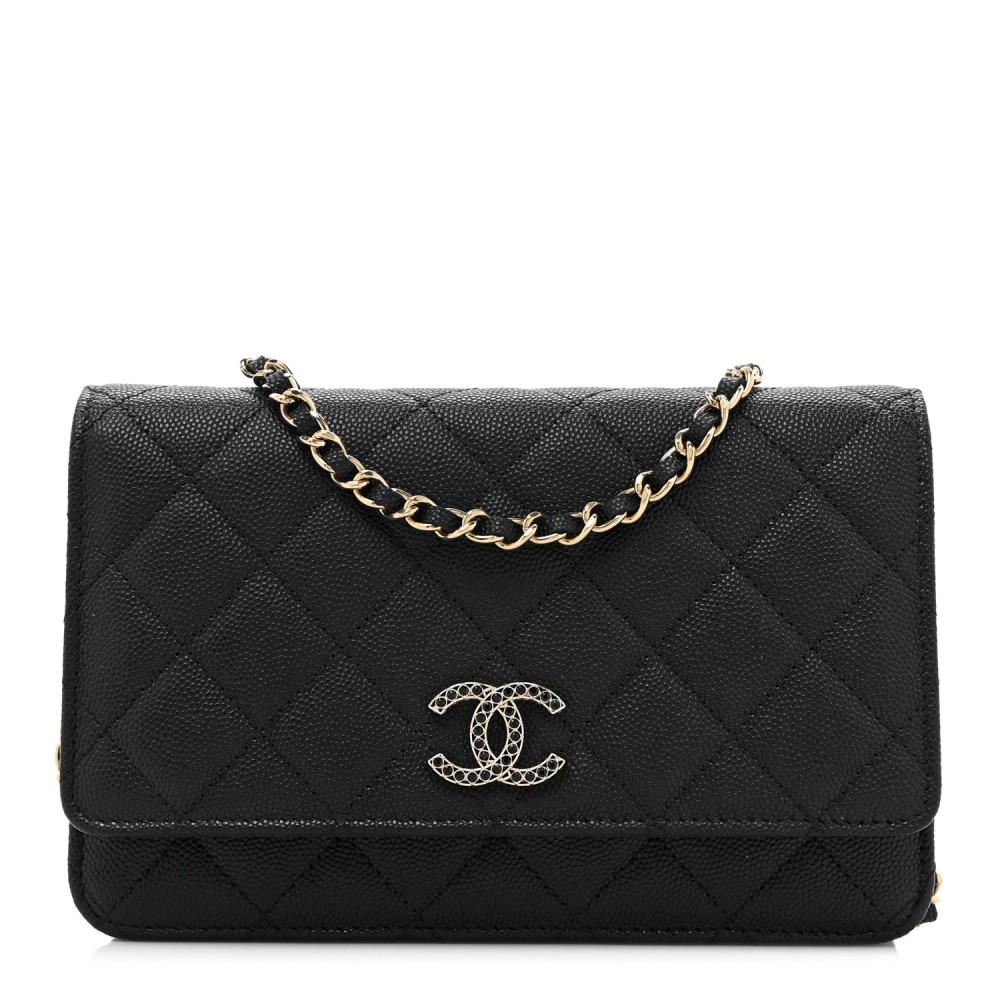 Shiny Caviar Quilted Strass CC Wallet On Chain WOC Black