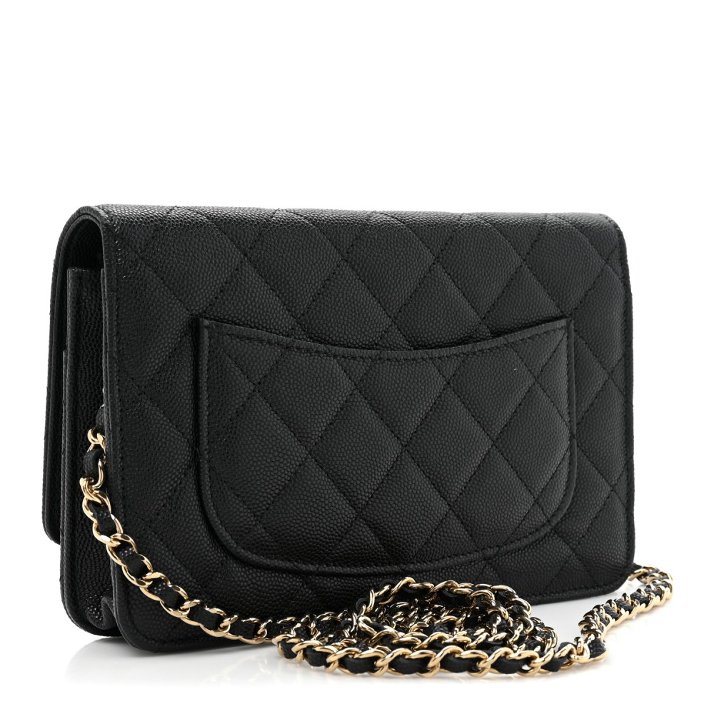 Shiny Caviar Quilted Strass CC Wallet On Chain WOC Black