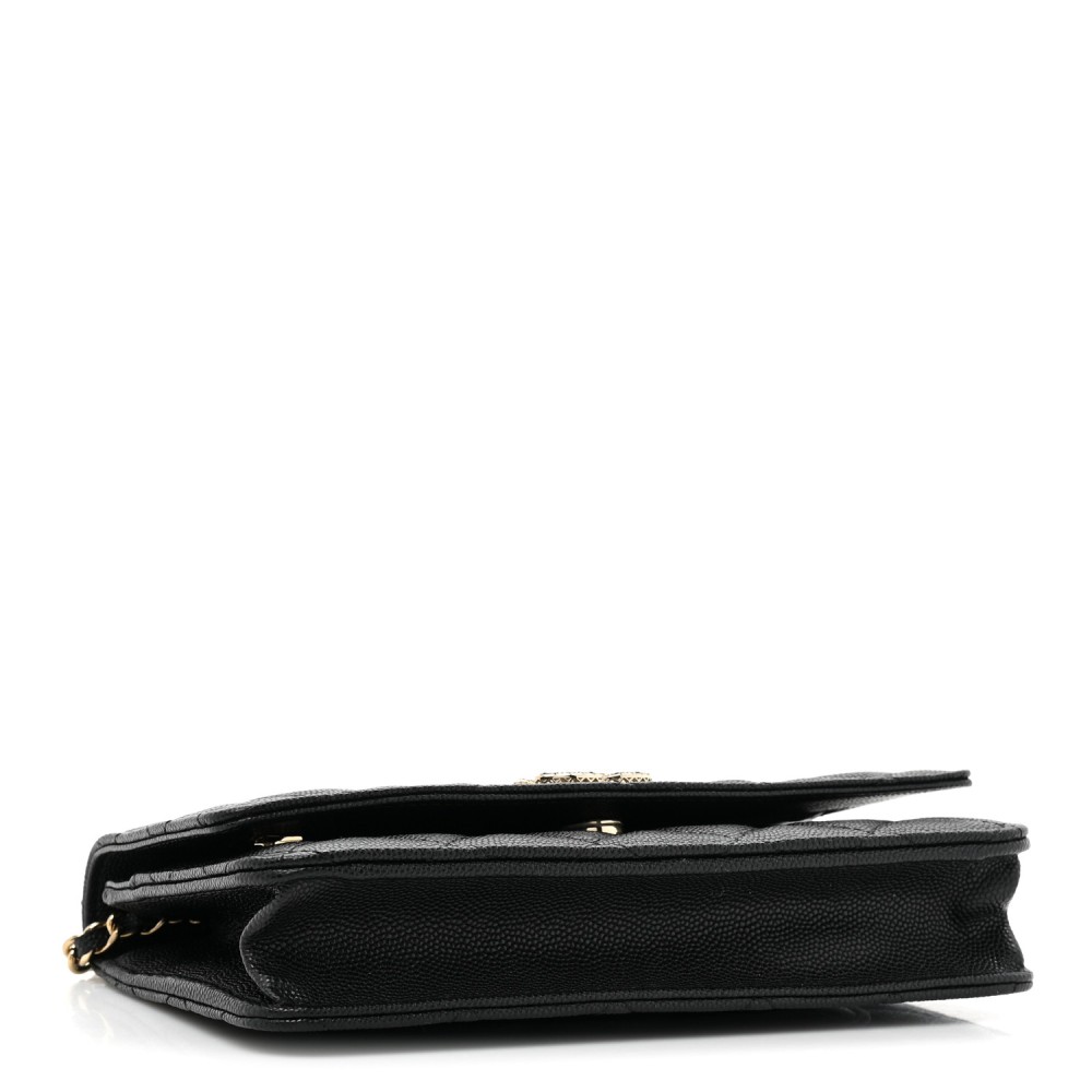 Shiny Caviar Quilted Strass CC Wallet On Chain WOC Black