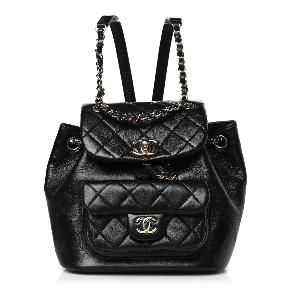 Glazed Aged Calfskin Quilted Small Duma Drawstring Backpack Black