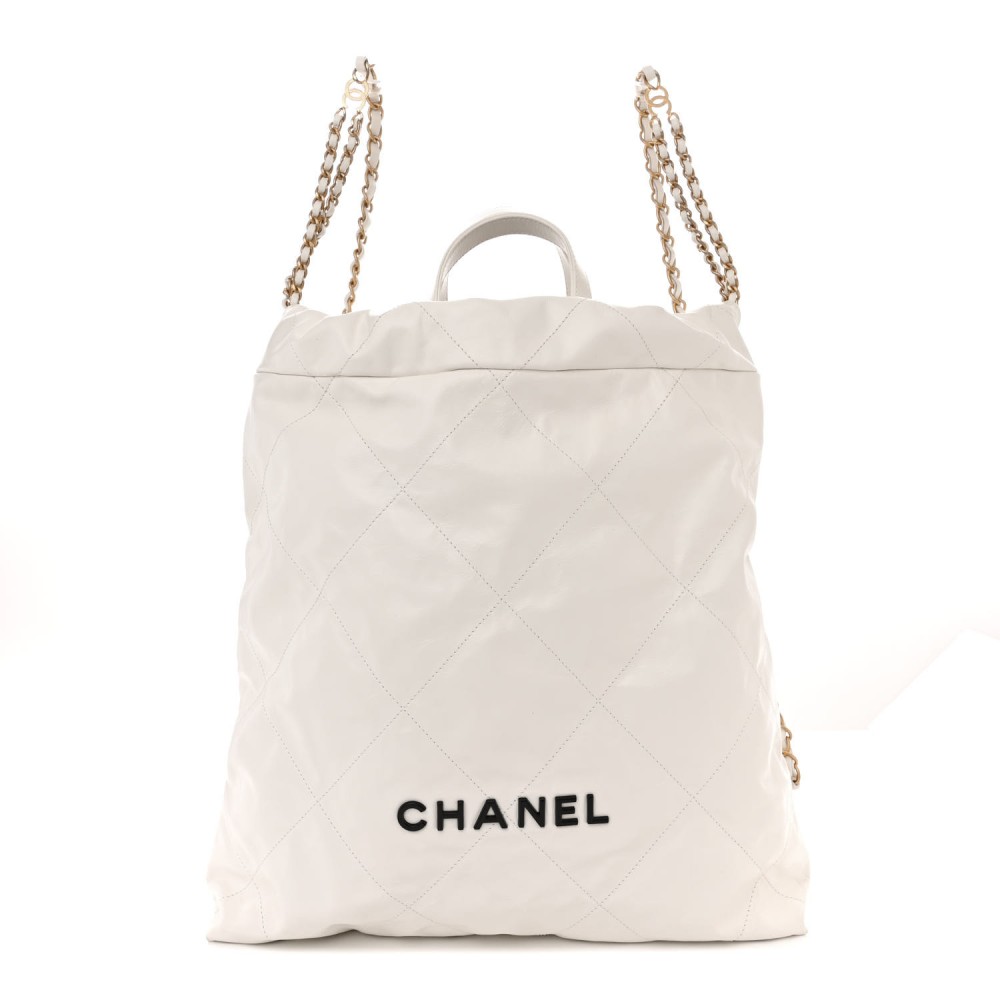 Shiny Calfskin Quilted Chanel 22 Backpack White Black