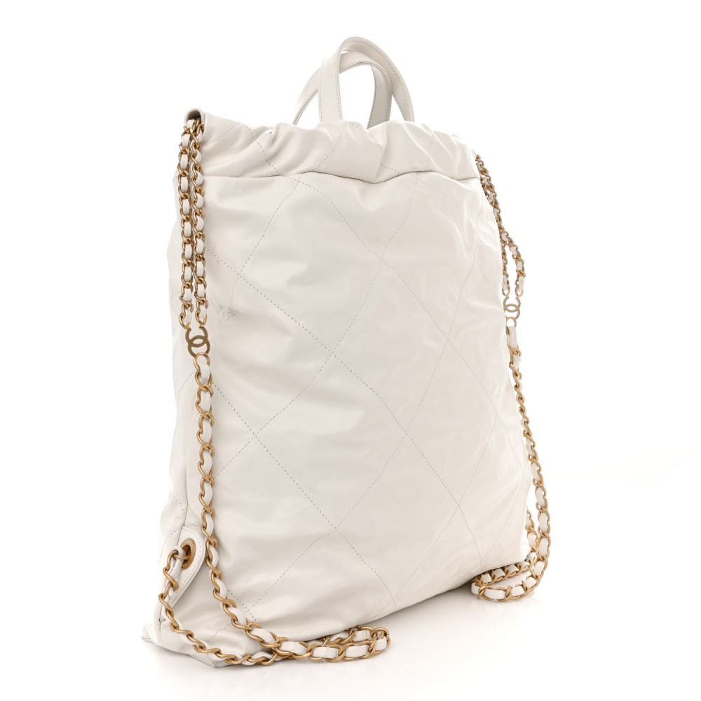 Shiny Calfskin Quilted Chanel 22 Backpack White Black